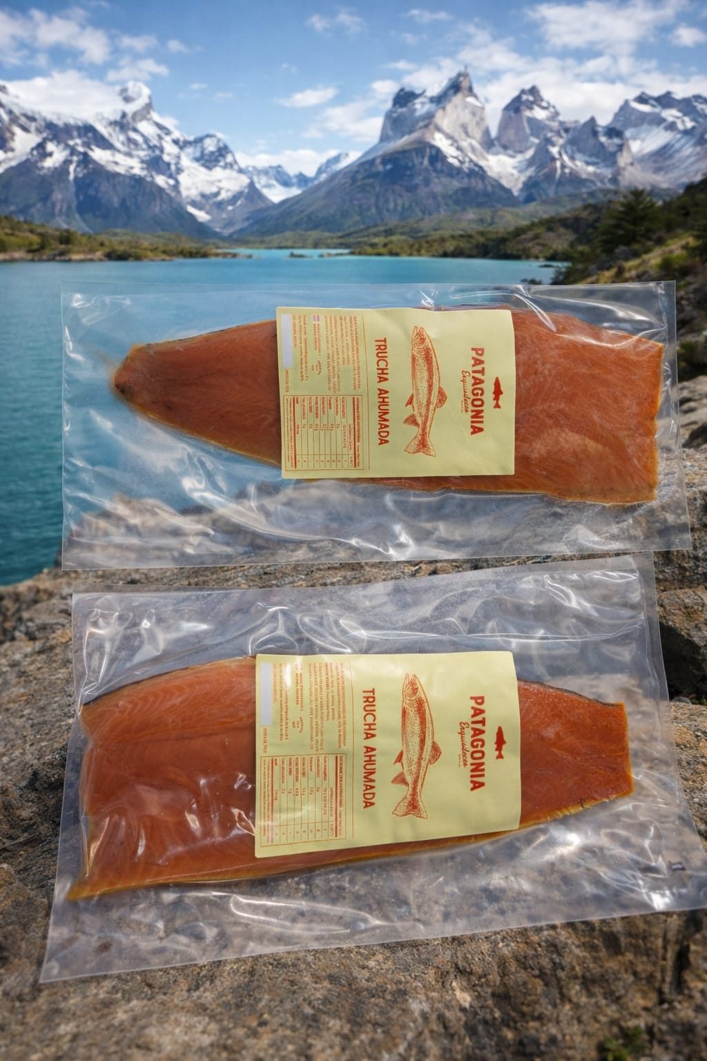 Patagonia Exquisiteces smoked trout with mountain and lake backdrop